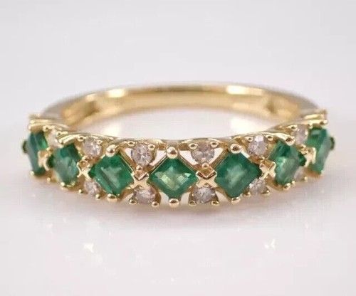 Princess Cut Simulated Green Emerald Engagement Band Ring 14k Yellow Gold Plated - Picture 4 of 8