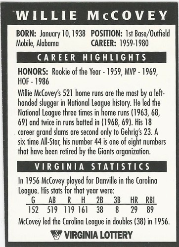 1998 Virginia Lottery Autograph Prize: Willie McCovey (1938-2018) Auto- Last One - Picture 2 of 3