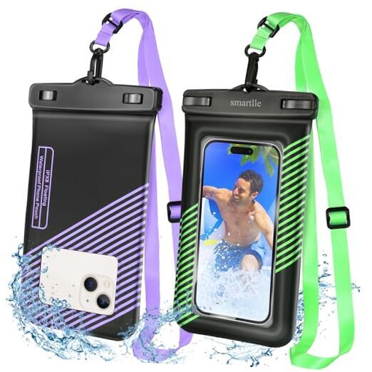 Floating waterproof phone pouches bags, IPX8 floatable cell Bright Green+Purple