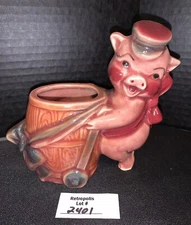 Ceramic Pink Pig Barrel Cart Planter Vintage MCM