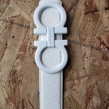 FERRAGAMO WHITE LEATHER BELT HORSESHOE PRINT UP TO SIZE 40 BIG BUCKLE