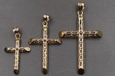 10K Yellow Gold  Hollow Tube Crucifix Cross Charm Pendant. 3 Sizes Men Women Kid