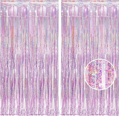 Pink Streamers Tinsel Foil Fringe Curtains - 2Pcs 3.2X8.2Ft Metallic Photo Booth