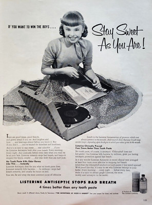 1954 Listerine Antiseptic Stops Bad Breath Portable Record Player Print Ad
