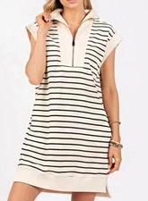 Women Striped Half Zip Pullover Polo Sweatshirt Dress Turtleneck Sleeveless Summ
