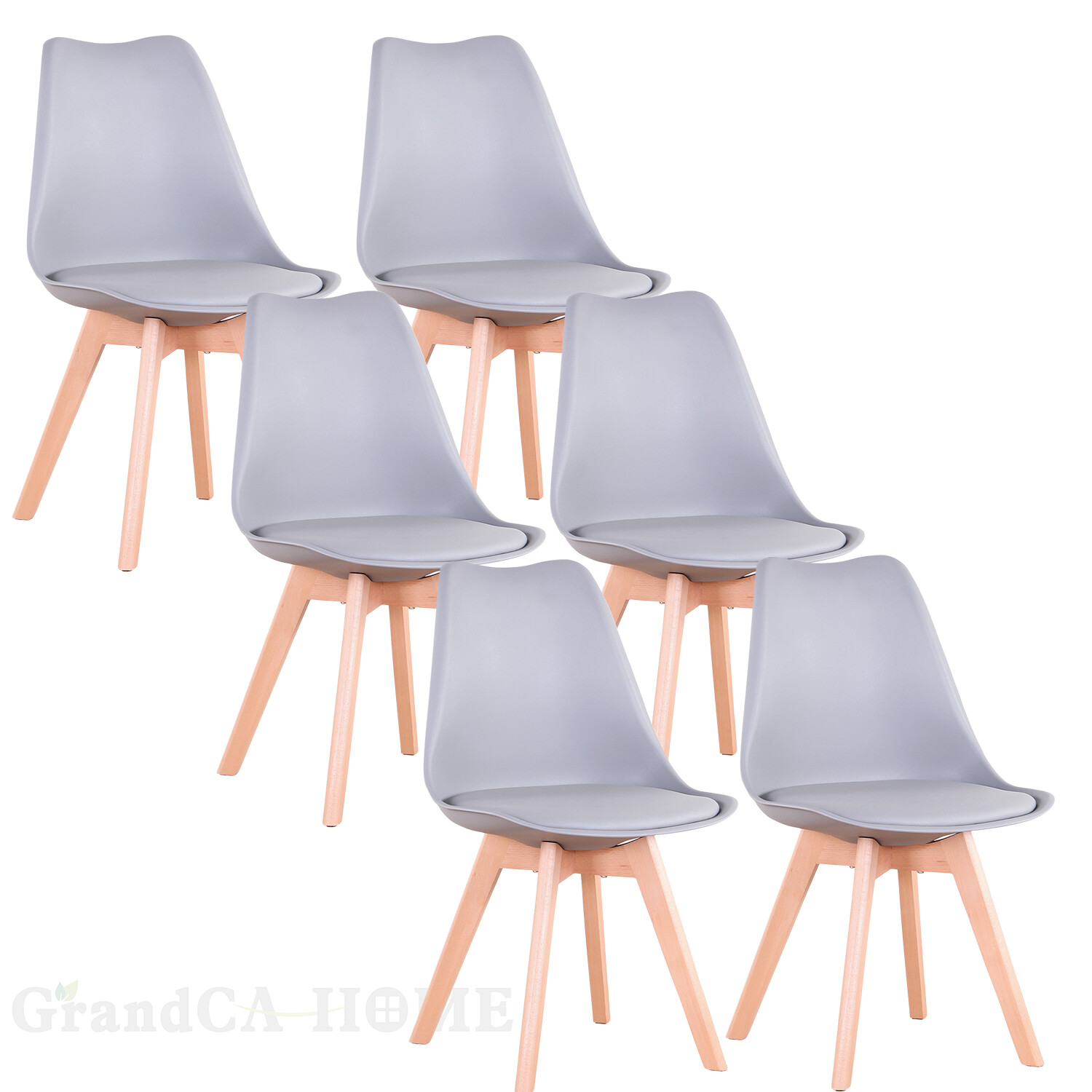 Pack 6 sillas de comedor, silla diseño nórdico con asiento acolchado Beech Gris