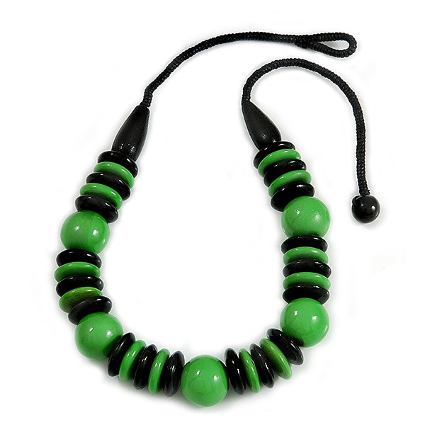 Chunky Grass Green/ Black Round and Button Wood Bead Cotton Cord Necklace -