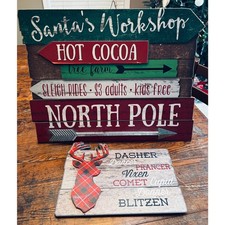 Set of 2 Rustic Wooden Winter Christmas Signs - Santa  s Workshop and Reindeer