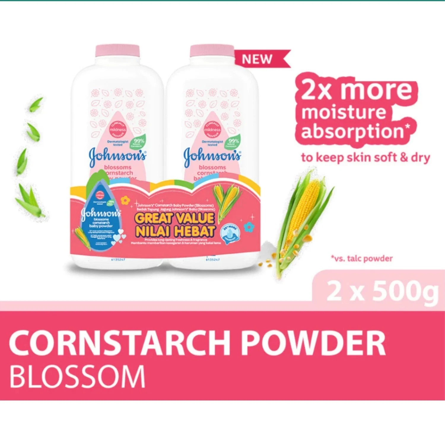 2x Johnson’s Baby Powder Blossom Cornstarch 500g Each – Free Shipping