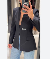 Zara Women Blazer Jacket Large Black Inverted Lapels Shoulder Pads 8655/791 NWOT