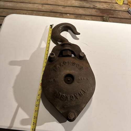 Vintage Antique Rustic Large Trackson Cast Iron Metal Block & Tackle Pulley