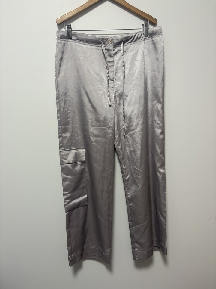 Y2K Silky Cargo Pants Trousers 🖤 Size 12 Metallic Silver Victoria Cooper Pocket
