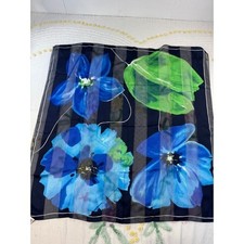 Vintage Italian Floral Square Scarf Navy Blue Striped Sheer Made in Italy 34x34