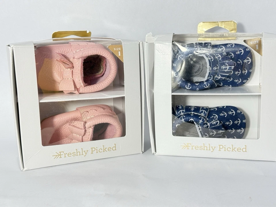 Лот из 2 пар свежесобранных кожаных мокасин детский размер 1 розовый жевательная резинка якорь - Изображение 2 из 4