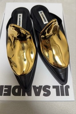 Jil sander Shoes Mules sandals Pumps Metal Plate Gold Black Leather Women US6 NM