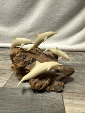 Vtg John Perry 4 Dolphins Sculpture Burl Wood Base Signed