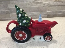 Blue Sky Clayworks Holiday Red Tractor & Christmas Tree Tea pot Heather Goldminc
