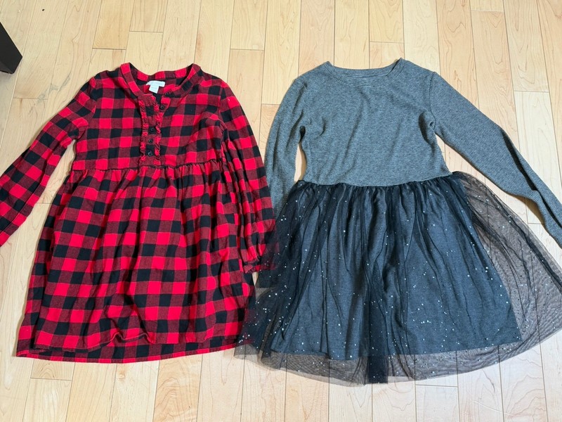 Set Of 2 Girls Long Sleeve Dresses Buffalo Plaid and Striped Size medium 7/8