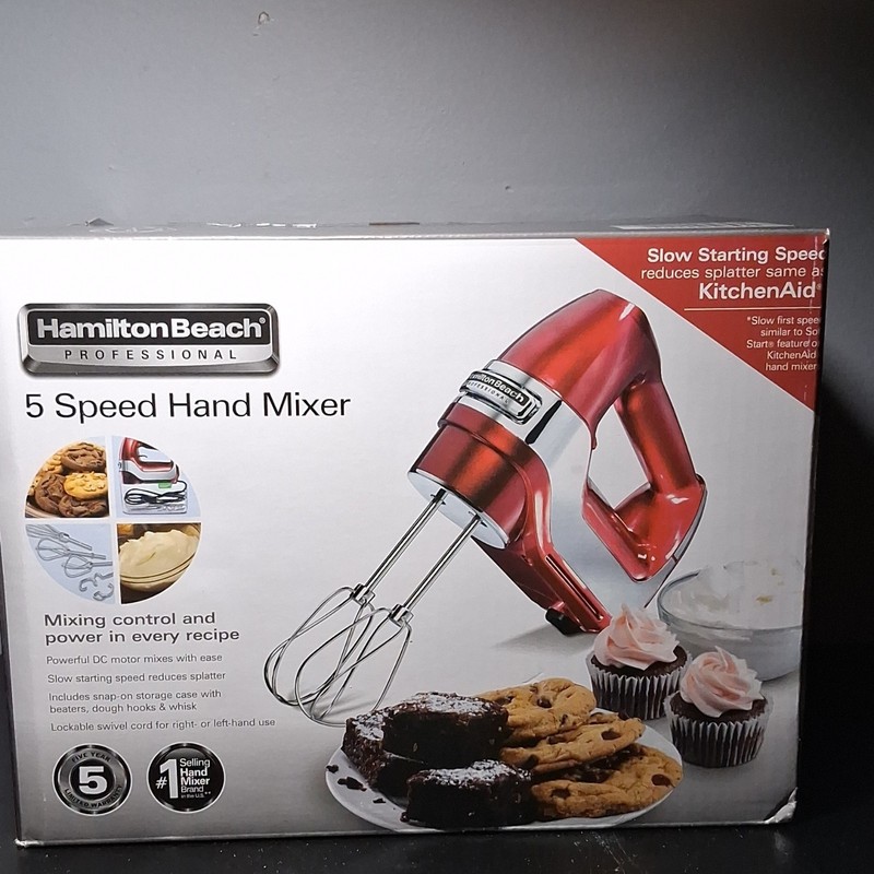 Hamilton Beach 62653 5-Speed Handheld Mixer Red Stainless Steel w/ Attachments