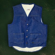 Vintage 70s Sears Roebucks Fleece Sherpa Lined Denim Vest Work Wear Ranch Medium