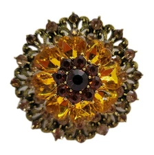 Vintage Style Filigree Amber & Brown Crystal Flower Brooch Gold Tone Rhinestone