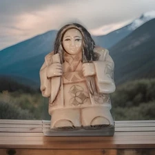 Vintage 2.5” Japanese Rotating Face Resin Netsuke Figure Holding Knife Signed