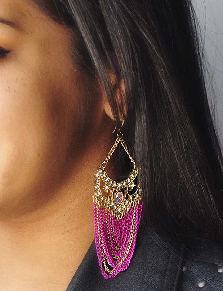 Brincos de corrente Amrita Singh ouro cristal Elizabeth Street Fuschia ERC 2027 novo com etiquetas - Imagem 2 de 2