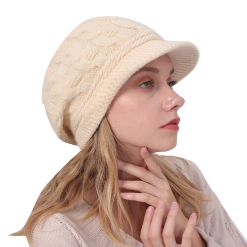 Damen Winter warm Strick lässig Beanie Mütze flache Krempe Form Mütze für kaltes Wetter - Bild 26 von 54