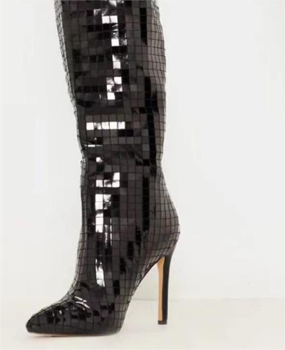 Fashion Womens Knee High Boots Pointy Toe Sequins High Stilettos Heels Boots New - Picture 3 of 16