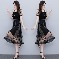 Damen Floral Spitze Netz Gestuftes Kleid Knielang Abend Prom Ballkleid Party
