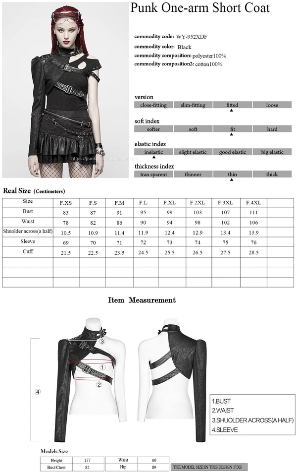 Punk Rave Gótico Mujer Un Brazo Manga Larga Remache Abrigo Corto Negro Soldado Chaqueta Foto 3 de 4