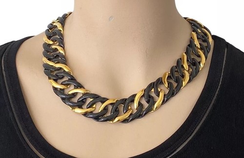 Vintage NAPIER Signed Black & Gold Tone Big Chunky Link Necklace 80s 90s - Image 1