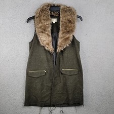 Jolt Wool Blend Sleeveless Jacket Womens Size Med Fur Collar Green Raw Hem