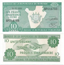 2003 BURUNDI, Landlocked CENTRAL AFRICA Nice CRISP UNCIRCULATED  10 Francs  Note