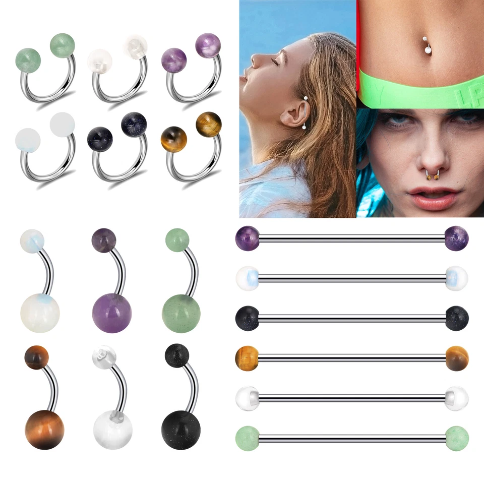 14G Stone Nose Hoop Rings Belly Button Rings Industrial Babell Cartilage Earring - Image 3 of 4