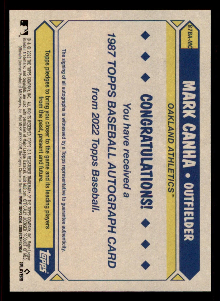 2022 Topps '87 Topps AUTO #87BAMC Mark Canha S2 - Image 2 of 2