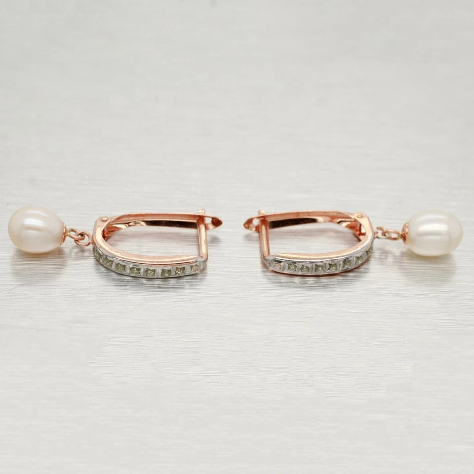 Vintage Oval Pearl Drop Dangle Earrings - 10k Rose Gold - Leverback - Image 2 of 4
