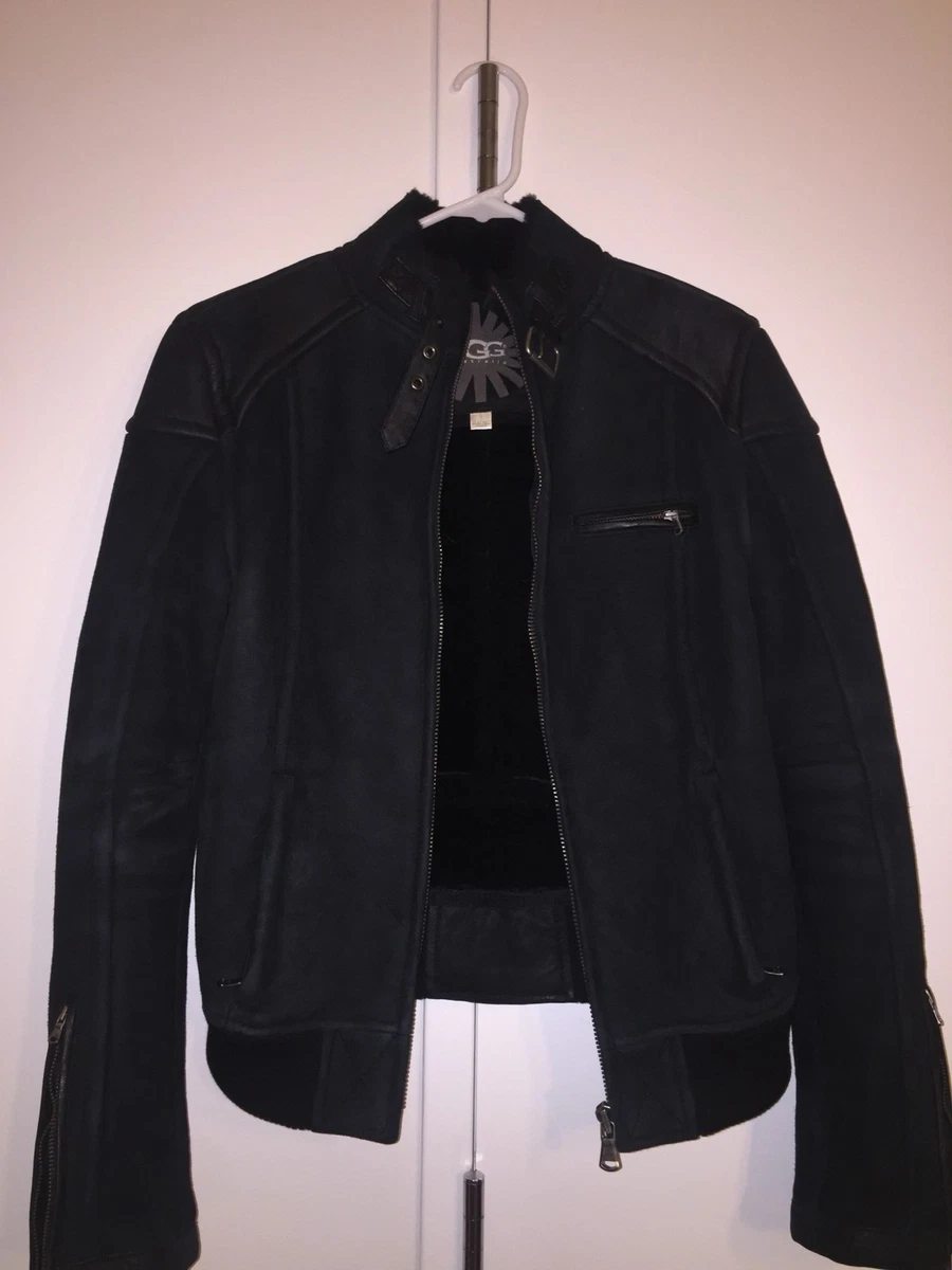 UGG Australia Black Murray Bomber Leather Shearling Jacket Size SMALL