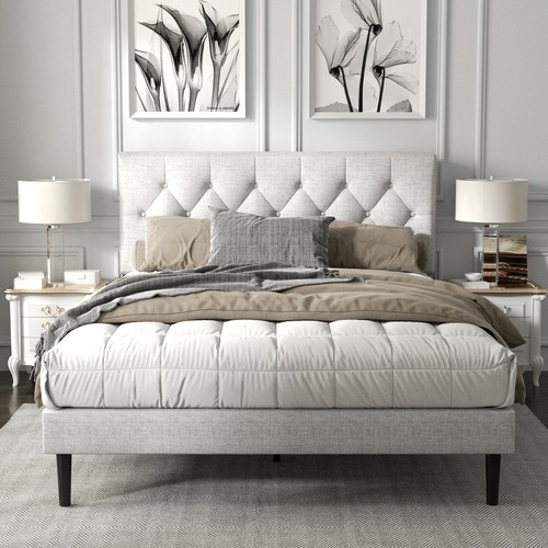 Queen Size Platform Bed Frame with Upholstered Button Tufted Headboard, Mattr...