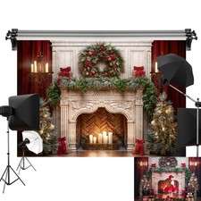 Christmas Backdrop Fireplace Xmas Tree Wreath Candlelight 7x5 Ft 2.2x1.5m