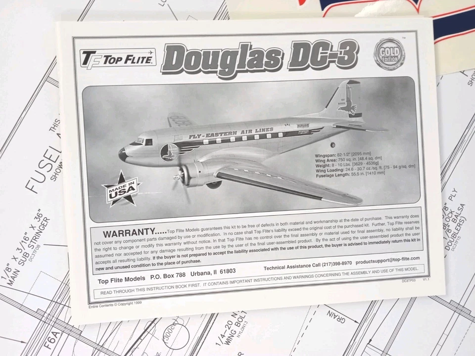 Top Flite Douglas DC-3 82,5" Spannweite Gold Ed RC Flugzeug Pläne/Handbuch/Aufkleber - Bild 4 von 4