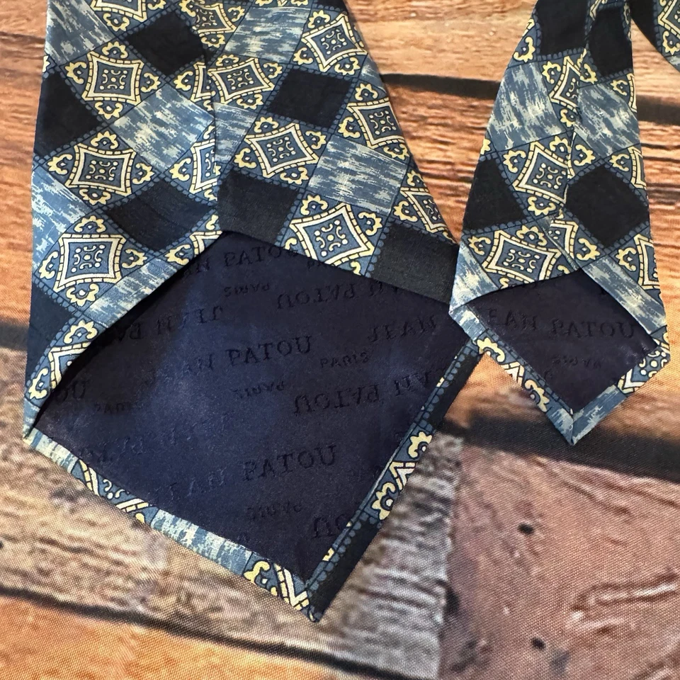 "Corbata Jean Patou Paris Hombre Azul Seda Geométrica Cuadros Ancha 50"" Regencia" Foto 4 de 4