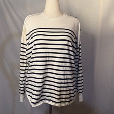 Marled Button Shoulder Long-Sleeve Sweater Navy White Stripes XL