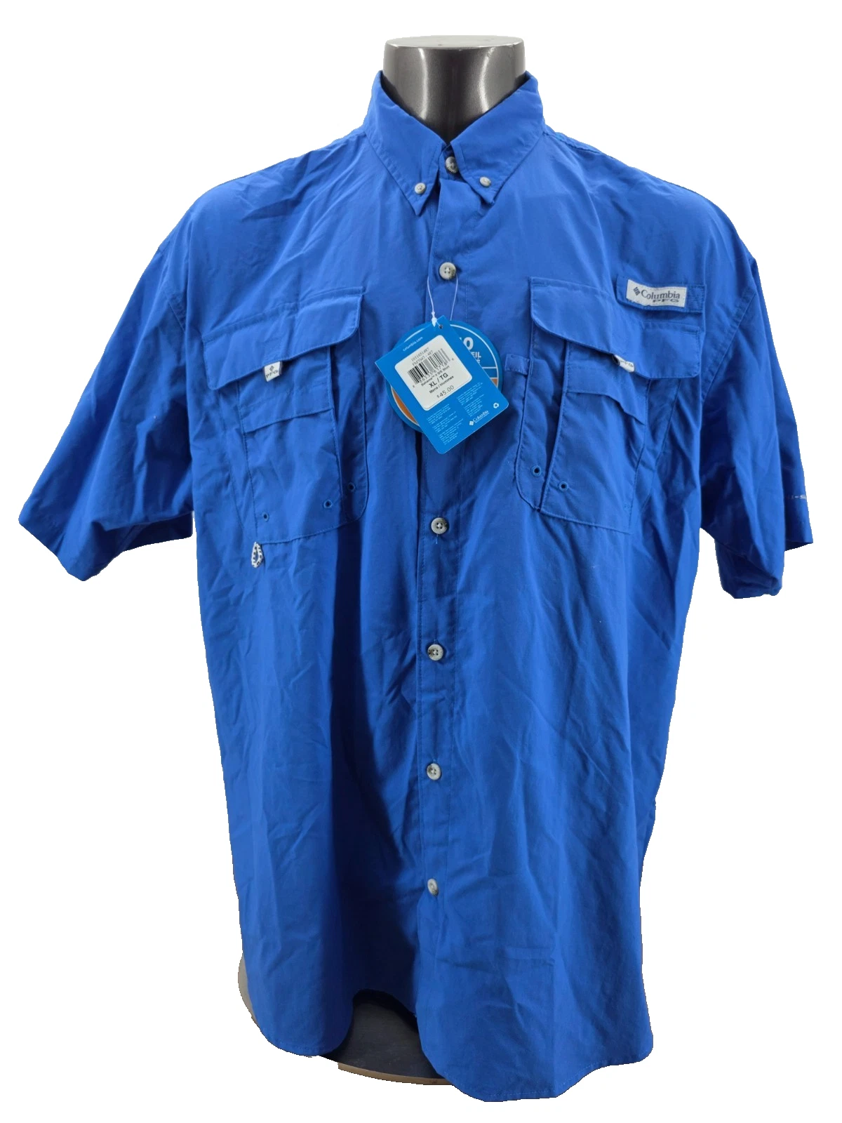 Columbia Men's PFG Bahama II Short Sleeve Shirt Size XL Vivid Blue logo