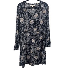 Ann Taylor LOFT Size Large Black Floral Long Sleeve Elastic Waist Midi Dress