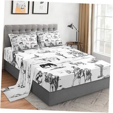 4 Pieces Size Bed Sheet Sets with Pillowcases, Cowboy Cow Queen Cowboy Horse