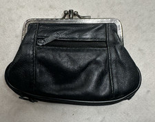 Vtg Black Leather Coin Purse Double Frame Change Wallet Two Zippered Areas
