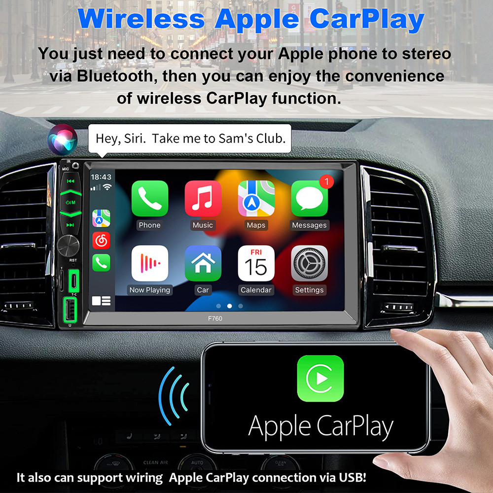 7" Double Din Car Stereo Radio Apple/Android CarPlay GPS Head Unit w/ Camera BT