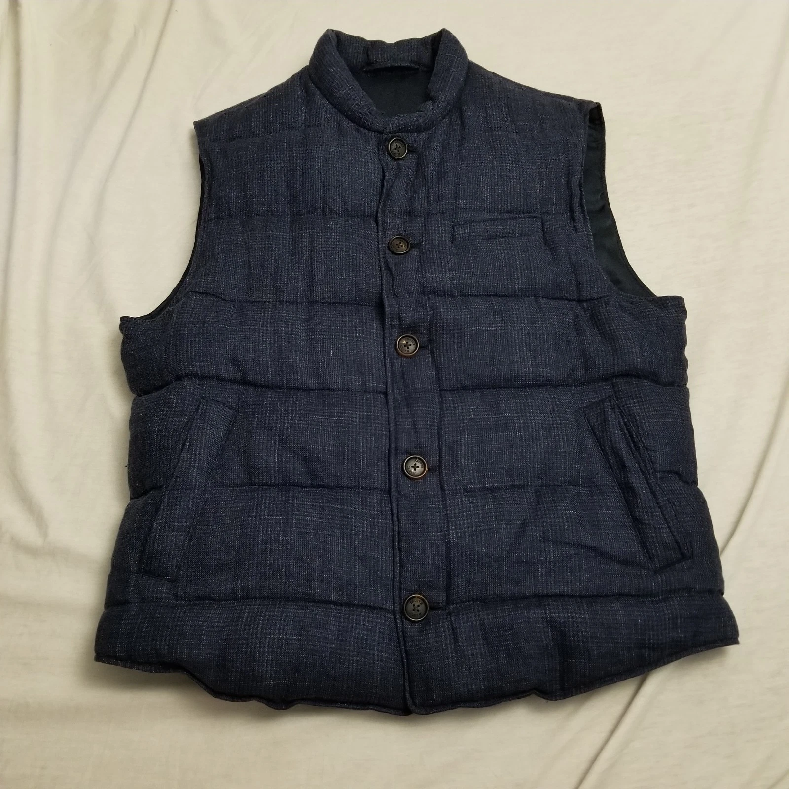 Propper Cloth Vest Mens XL Blue Plaid Linen Cortina Down Puffer Button Up Preppy