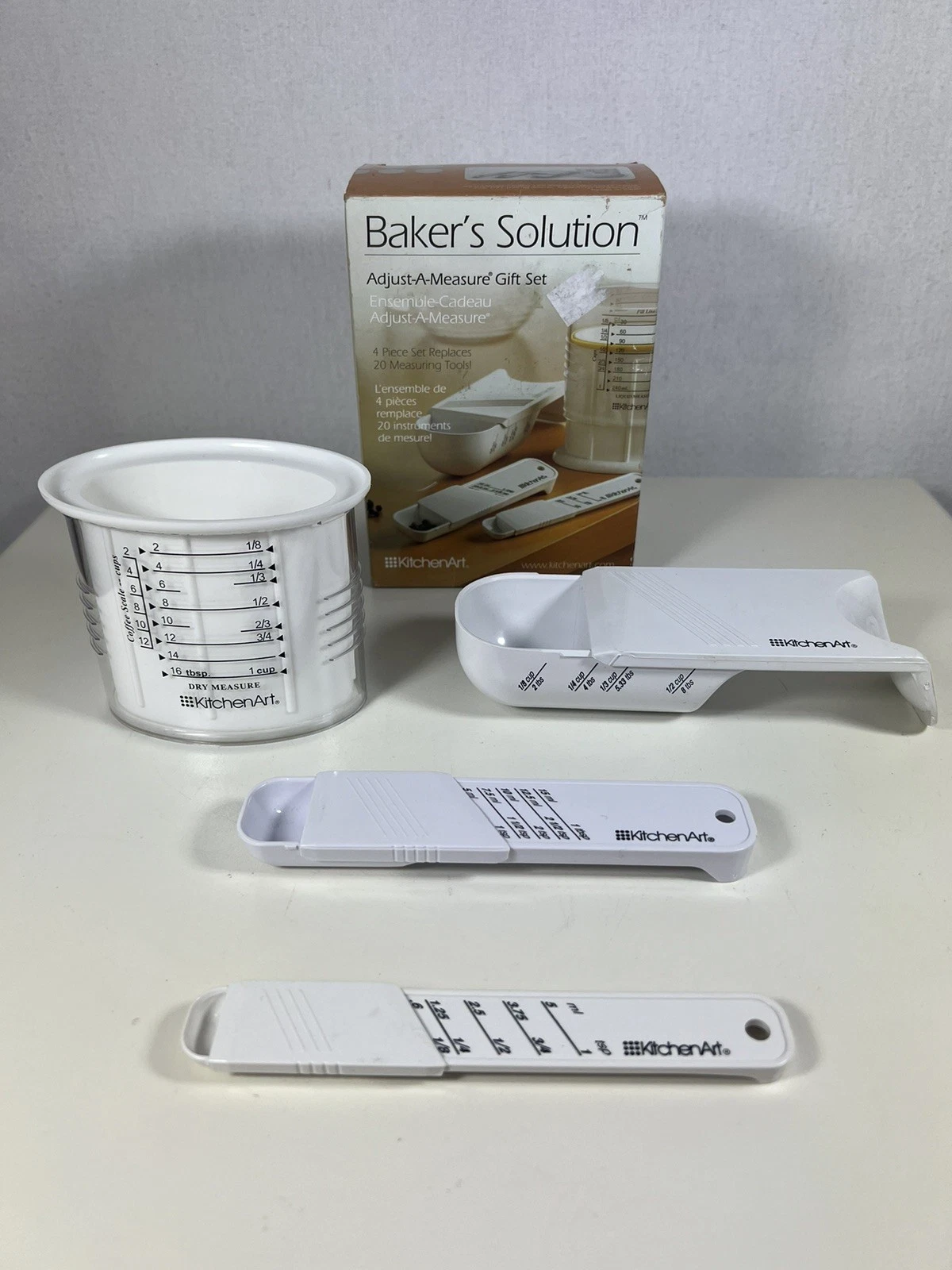 4x Kitchen Art White Adjustable Measuring Cup & Spoons Baking Set Sliding Scoops